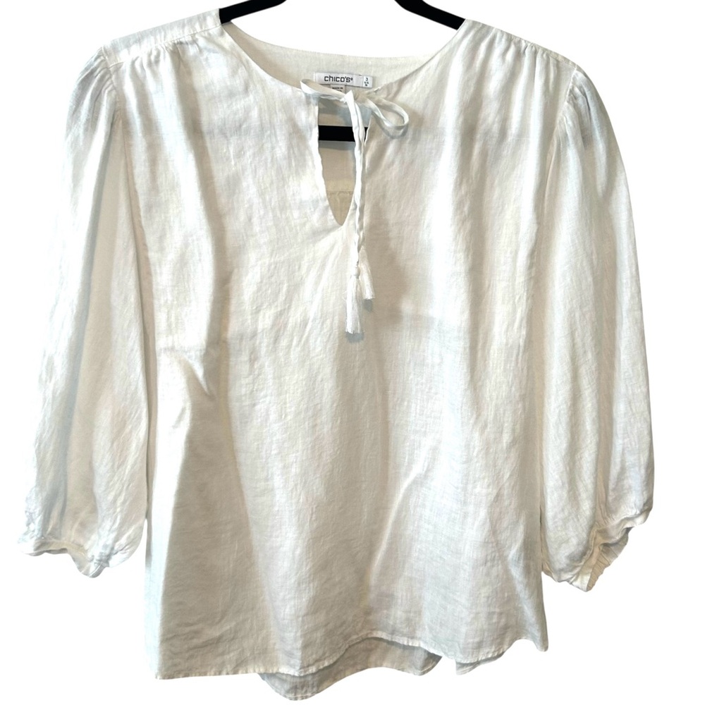 Chico's Women's White‎ Linen Boho Peasant Blouse in Size 16